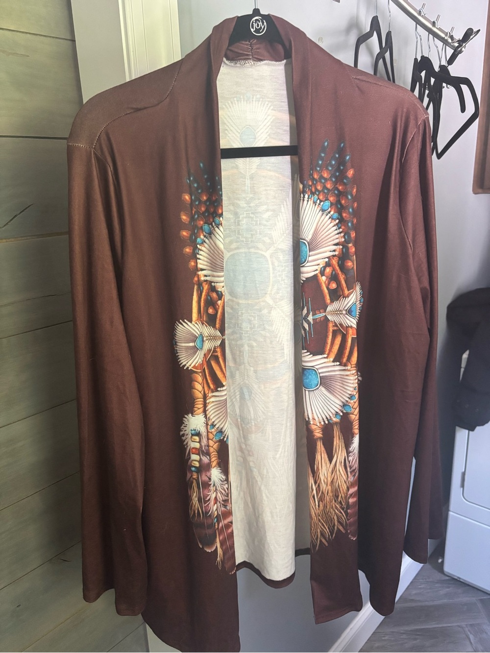 Brown Open Front Cardigan with Turquoise Feather Print